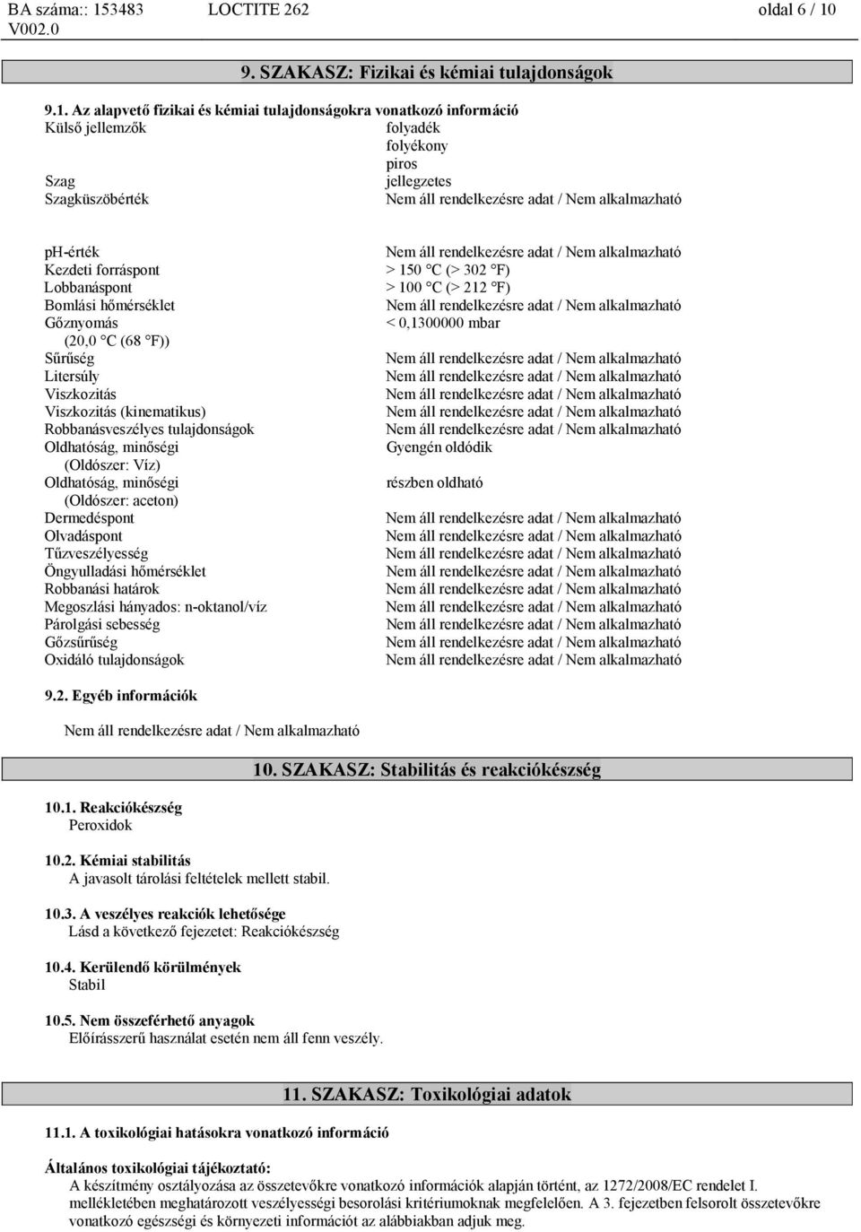 Az alapvető fizikai és kémiai tulajdonságokra vonatkozó információ Külső jellemzők folyadék folyékony piros Szag jellegzetes Szagküszöbérték ph-érték Kezdeti forráspont Lobbanáspont Bomlási