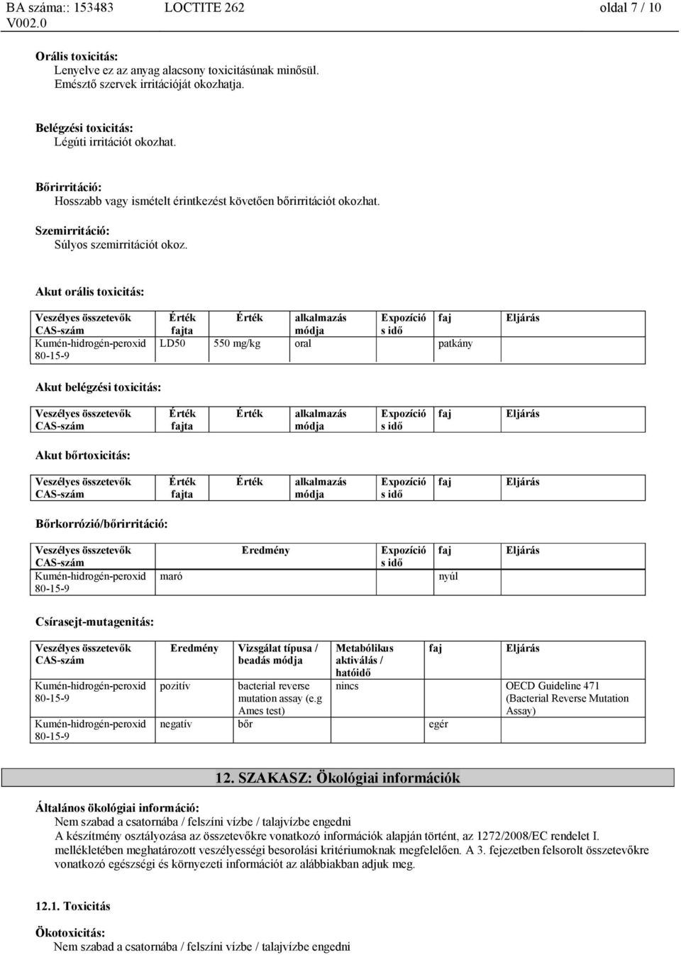 Akut orális toxicitás: alkalmazás Expozíció faj fajta módja s idő LD50 550 mg/kg oral patkány Akut belégzési toxicitás: fajta alkalmazás módja Expozíció s idő faj Akut bőrtoxicitás: fajta alkalmazás