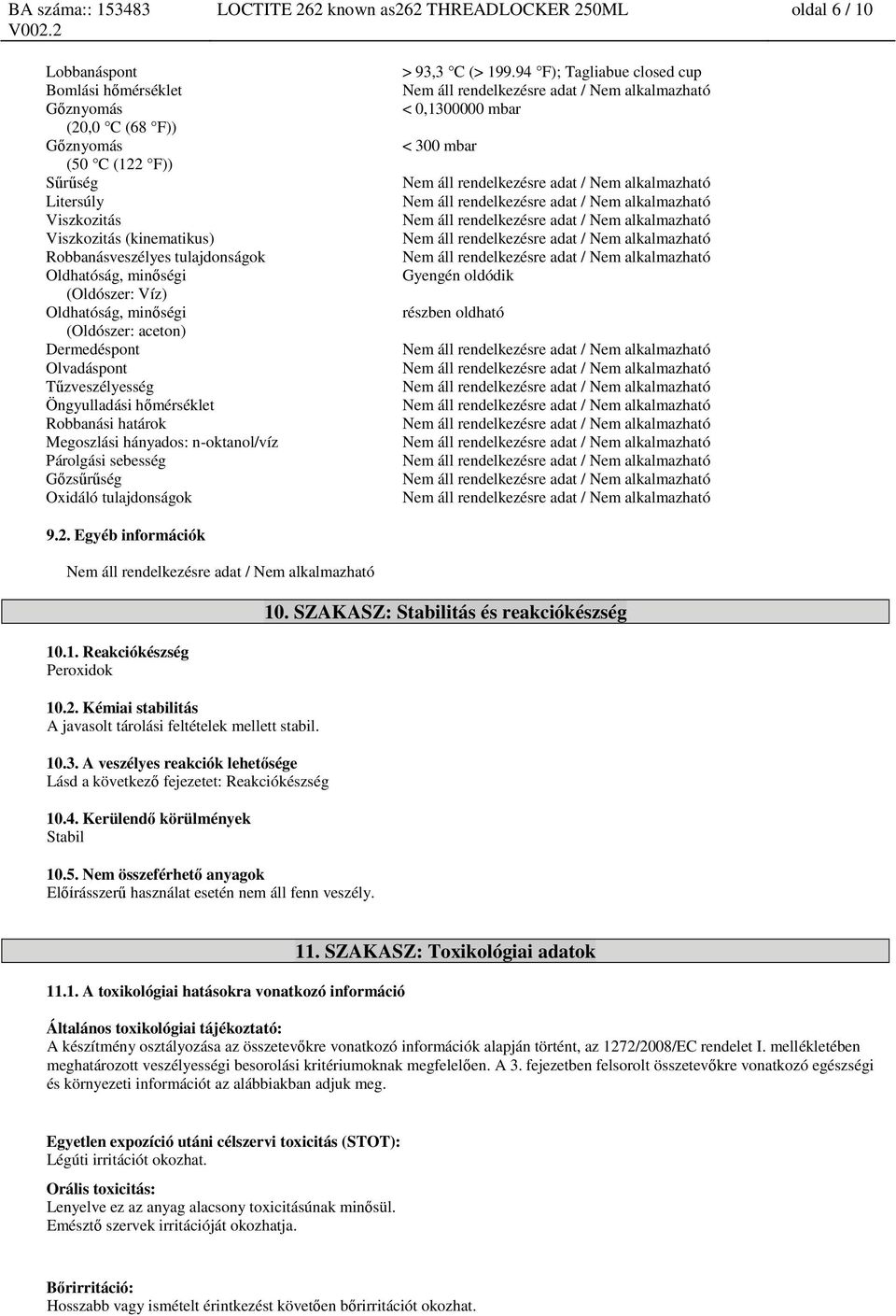 Megoszlási hányados: n-oktanol/víz Párolgási sebesség Gőzsűrűség Oxidáló tulajdonságok > 93,3 C (> 199.94 F); Tagliabue closed cup < 0,1300000 mbar < 300 mbar Gyengén oldódik részben oldható 9.2.