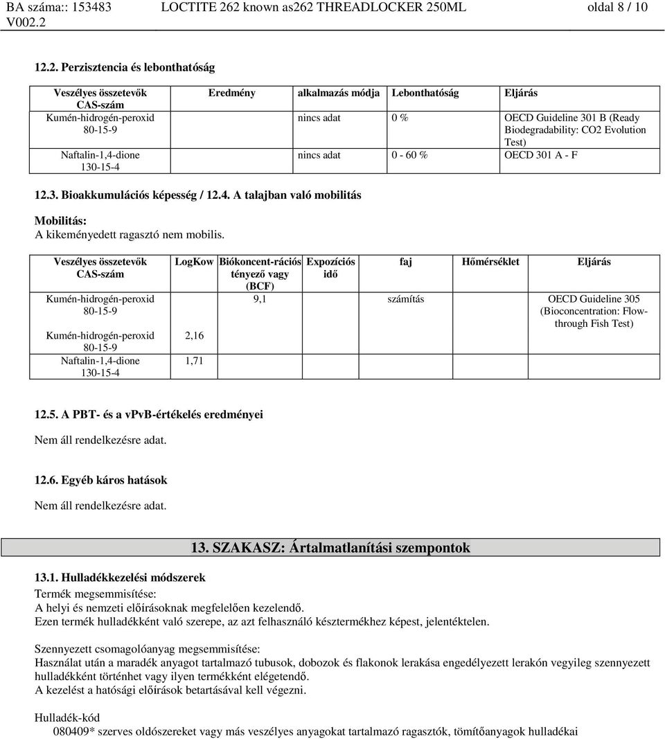 (Ready Biodegradability: CO2 Evolution Test) nincs adat 0-60 % OECD 301 A - F 12.3. Bioakkumulációs képesség / 12.4. A talajban való mobilitás Mobilitás: A kikeményedett ragasztó nem mobilis.