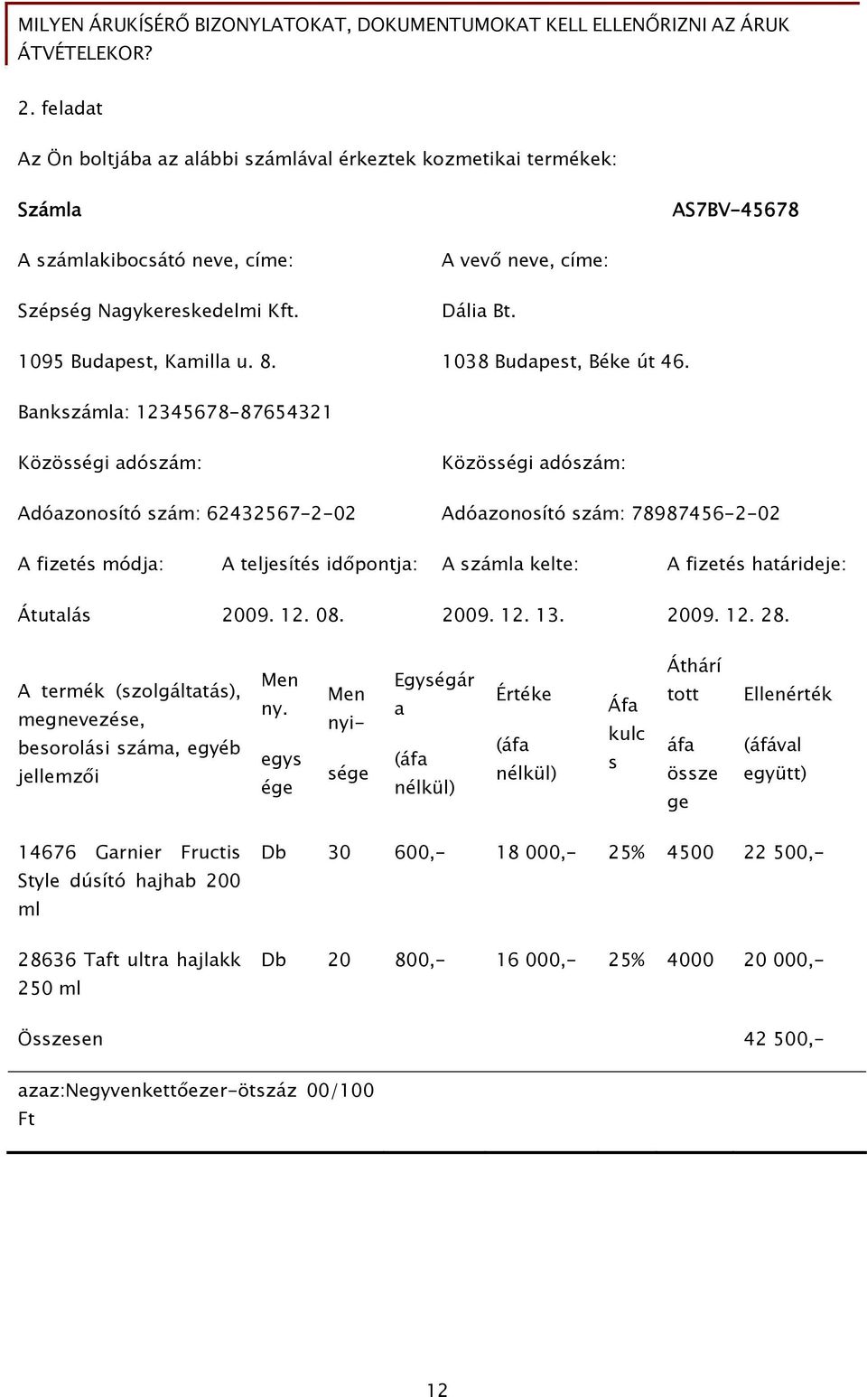 Bankszámla: 12345678-87654321 Közösségi adószám: Adóazonosító szám: 62432567-2-02 Közösségi adószám: Adóazonosító szám: 78987456-2-02 A fizetés módja: A teljesítés időpontja: A számla kelte: A