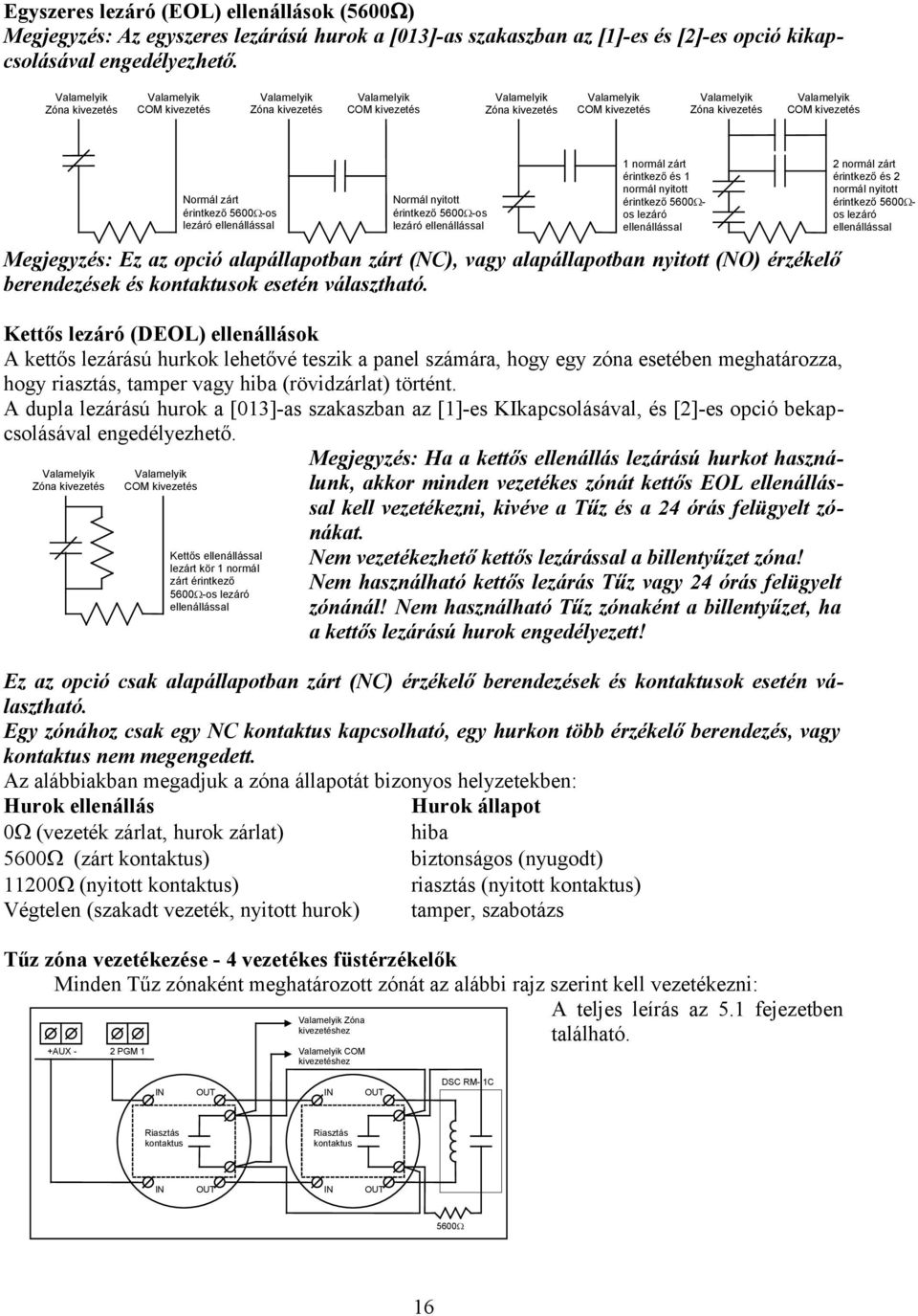 kivezetés Normál nyitott érintkező 5600 -os lezáró ellenállással Megjegyzés: Ez az opció alapállapotban zárt (NC), vagy alapállapotban nyitott (NO) érzékelő berendezések és kontaktusok esetén