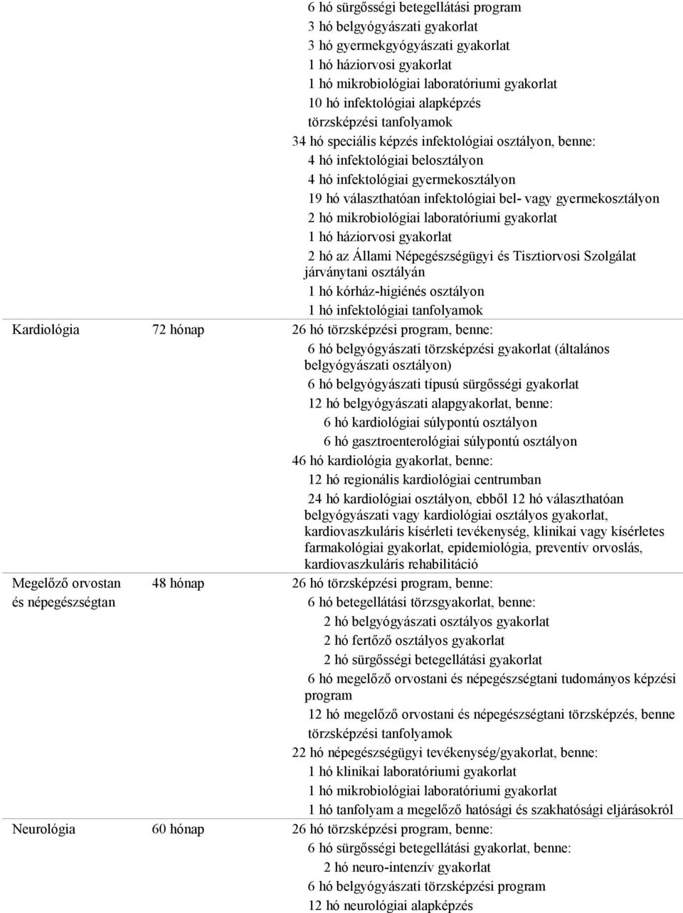 hó az Állami Népegészségügyi és Tisztiorvosi Szolgálat járványtani osztályán 1 hó kórház-higiénés osztályon 1 hó infektológiai tanfolyamok Kardiológia 72 hónap 26 hó törzsképzési program, benne: 6 hó