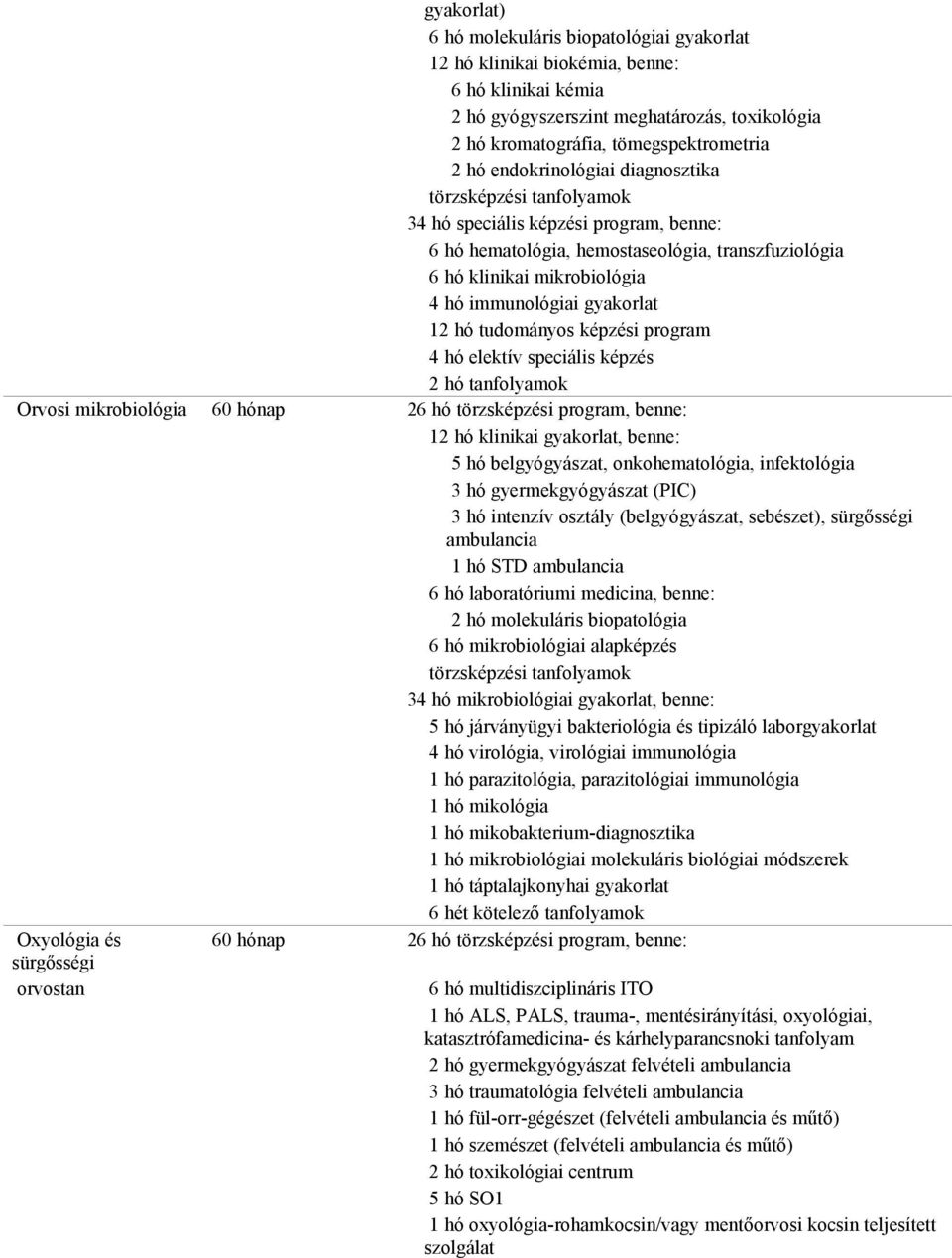 speciális képzés 2 hó tanfolyamok Orvosi mikrobiológia 60 hónap 26 hó törzsképzési program, benne: 12 hó klinikai, benne: 5 hó belgyógyászat, onkohematológia, infektológia 3 hó gyermekgyógyászat