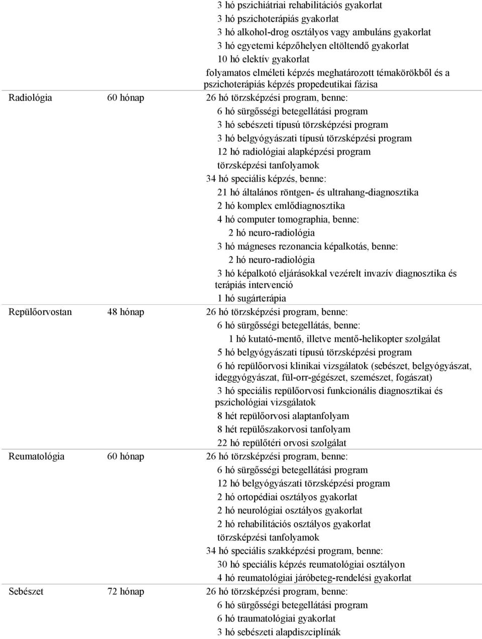 hó belgyógyászati típusú törzsképzési program 12 hó radiológiai alapképzési program 34 hó speciális képzés, benne: 21 hó általános röntgen- és ultrahang-diagnosztika 2 hó komplex emlődiagnosztika 4