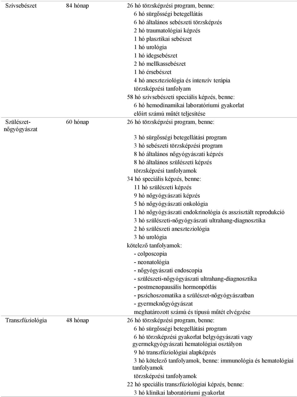 számú műtét teljesítése Szülészetnőgyógyászat 60 hónap 26 hó törzsképzési program, benne: 3 hó sürgősségi betegellátási program 3 hó sebészeti törzsképzési program 8 hó általános nőgyógyászati képzés