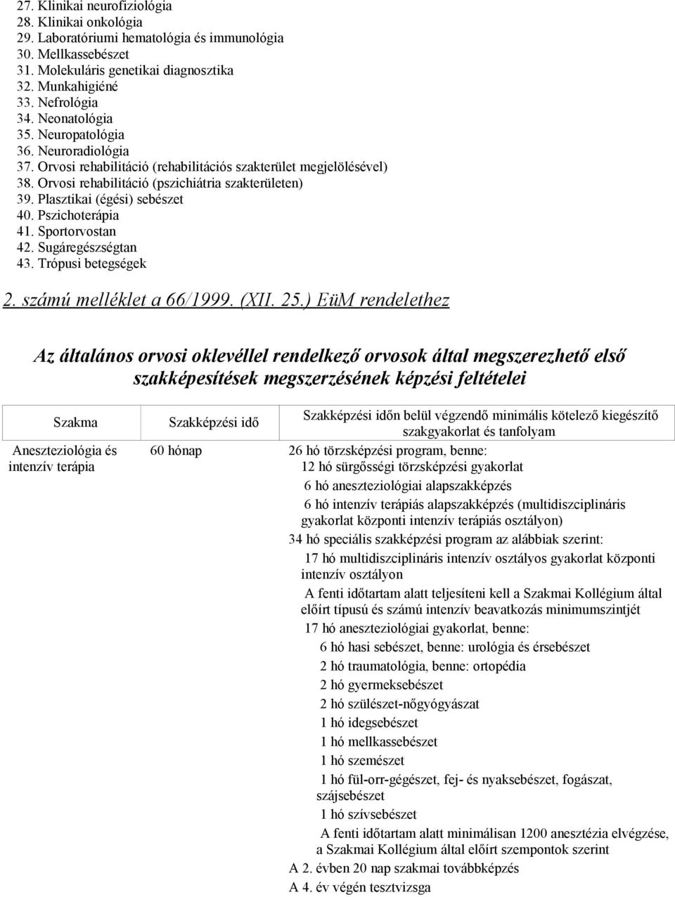 Plasztikai (égési) sebészet 40. Pszichoterápia 41. Sportorvostan 42. Sugáregészségtan 43. Trópusi betegségek 2. számú melléklet a 66/1999. (XII. 25.