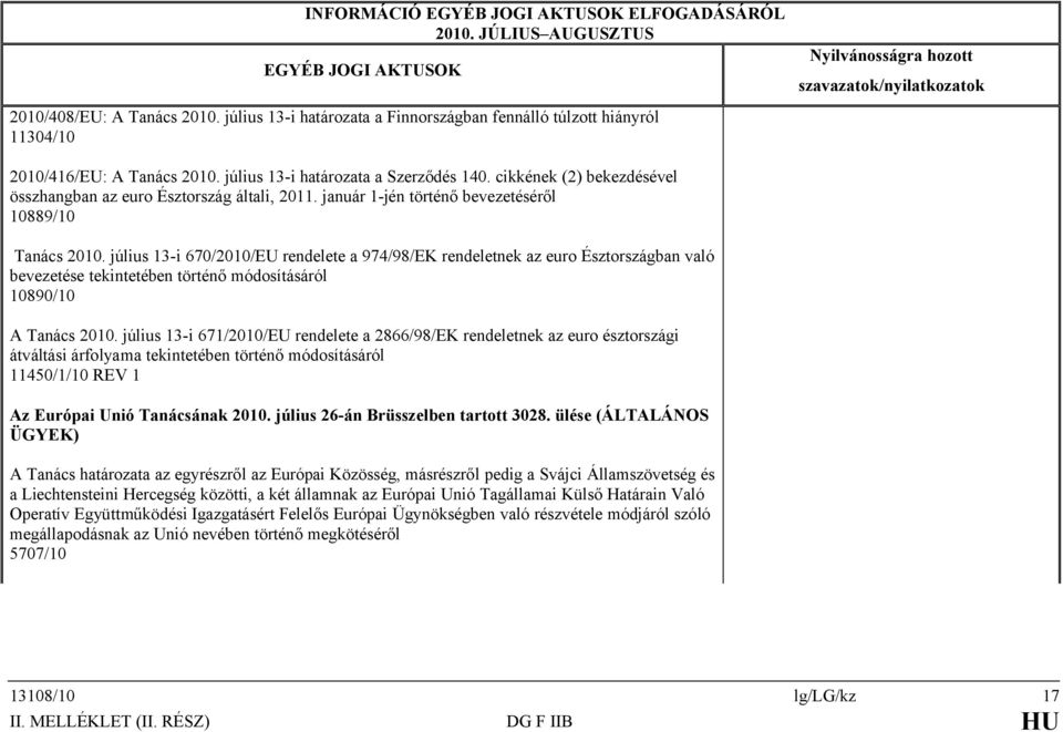 július 13-i 670/2010/EU rendelete a 974/98/EK rendeletnek az euro Észtországban való bevezetése tekintetében történő módosításáról 10890/10 A Tanács 2010.