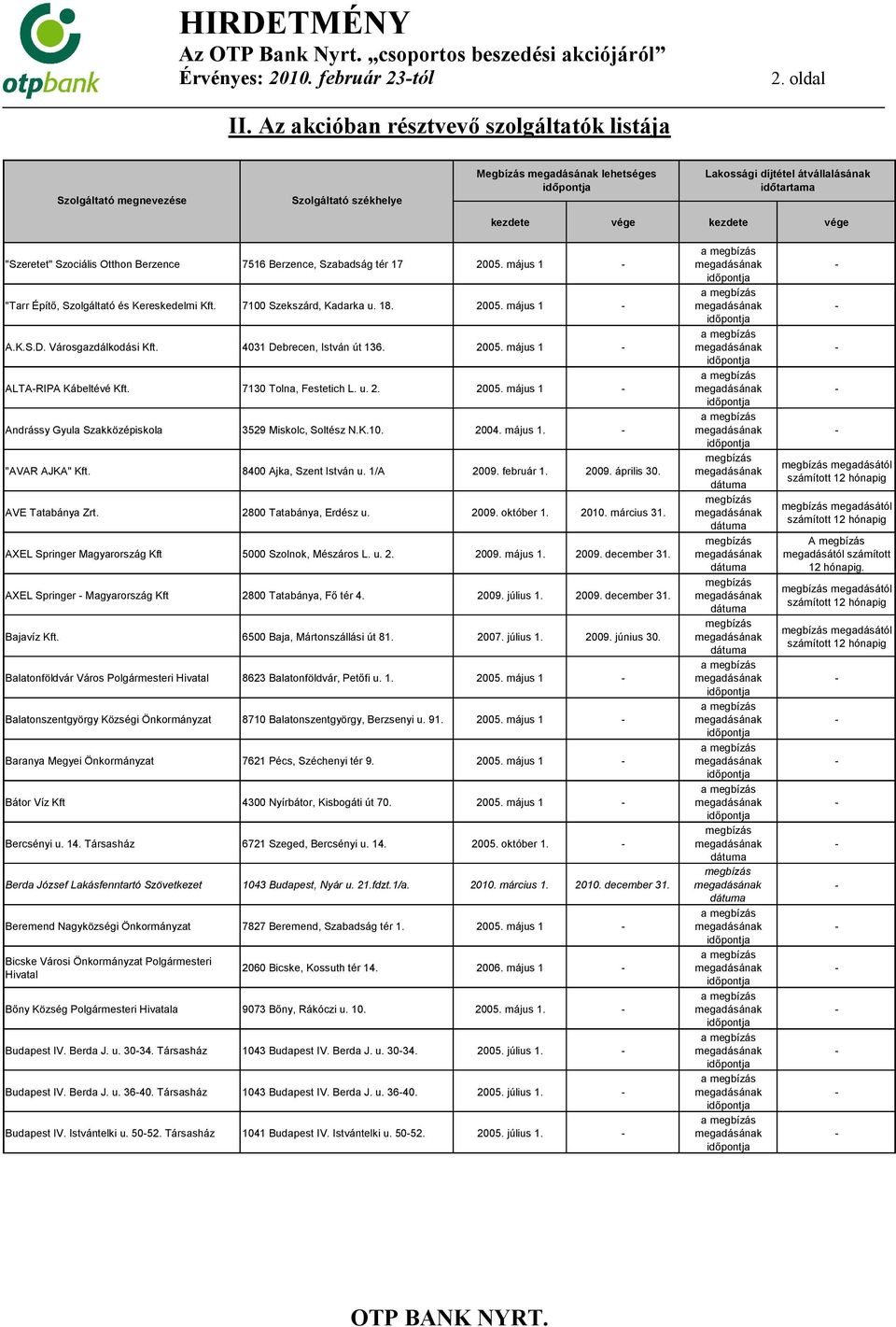 7130 Tolna, Festetich L. u. 2. 2005. május 1 Andrássy Gyula Szakközépiskola 3529 Miskolc, Soltész N.K.10. 2004. május 1. "AVAR AJKA" Kft. 8400 Ajka, Szent István u. 1/A 2009. február 1. 2009. április 30.