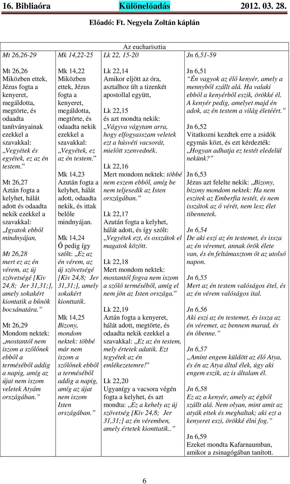 Mt 26,27 Aztán fogta a kelyhet, hálát adott és odaadta nekik ezekkel a szavakkal: Igyatok ebből mindnyájan, Mt 26,28 mert ez az én vérem, az új szövetségé [Kiv 24,8; Jer 31,31;], amely sokakért