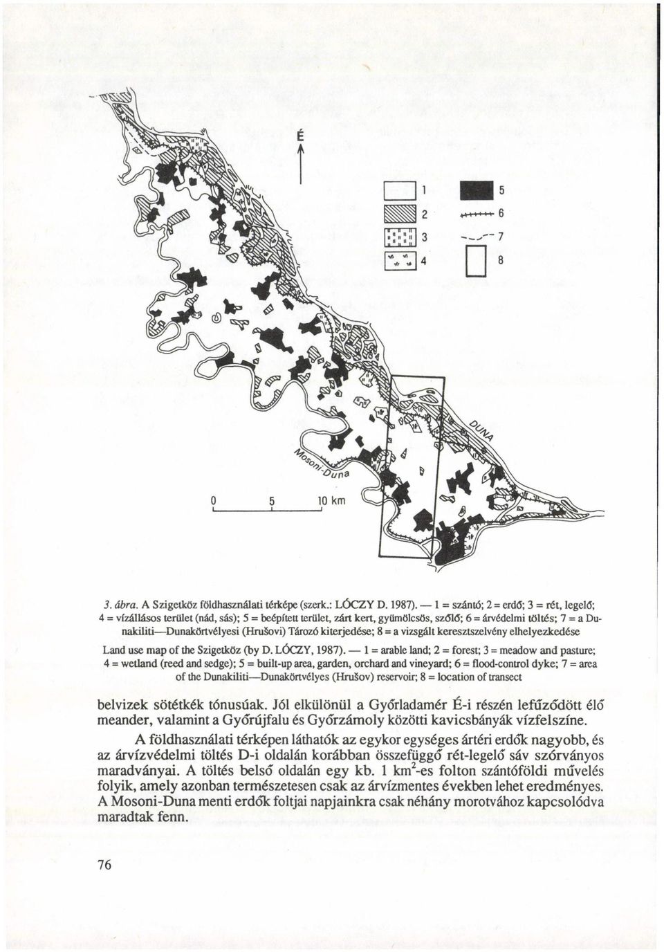 kiterjedése; 8 = a vizsgált keresztszelvény elhelyezkedése Land use map of the Szigetköz (by D. LÓCZY, 1987).