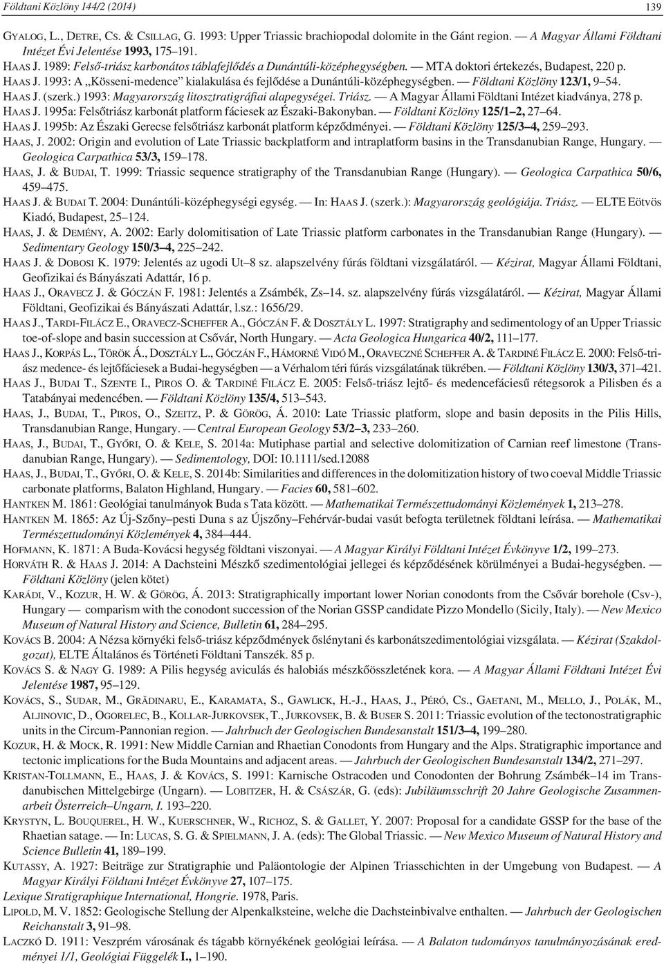 1993: A Kösseni-medence kialakulása és fejlődése a Dunántúli-középhegységben. Földtani Közlöny 123/1, 9 54. HAAS J. (szerk.) 1993: Magyarország litosztratigráfiai alapegységei. Triász.