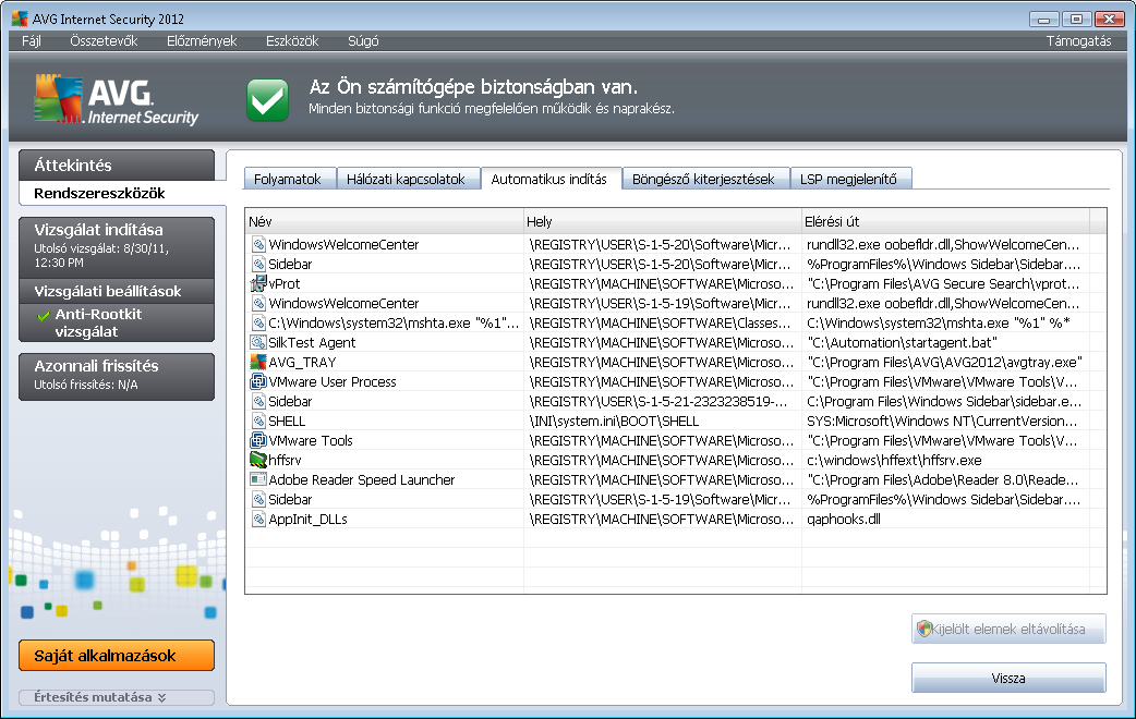 6.6.3. Automatikus indítás Az Automatikus indítás panel megjeleníti az összes olyan alkalmazást, mely a Windows rendszer indításakor elindul.