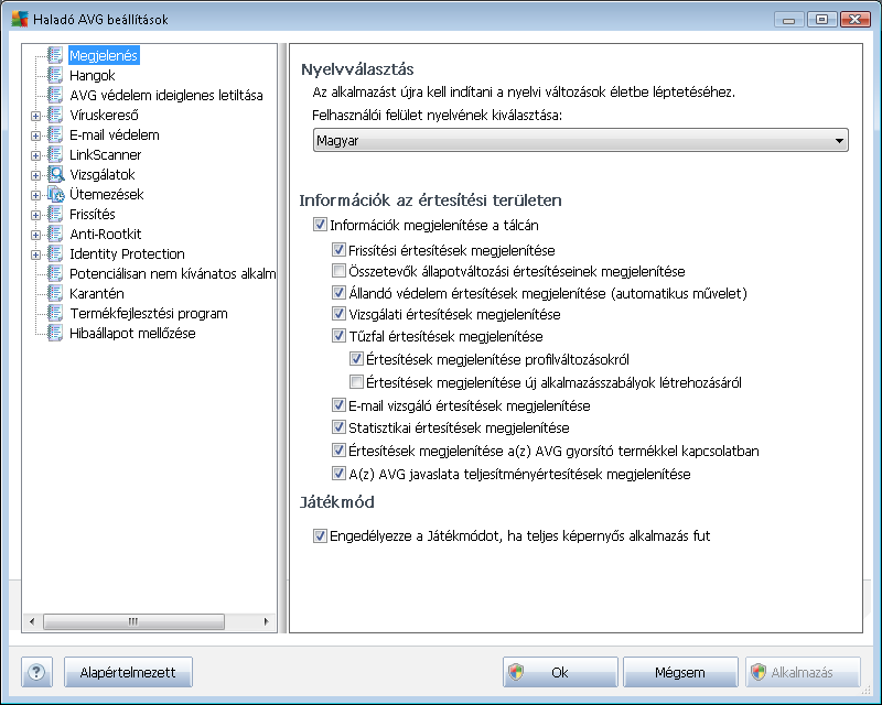 9. AVG Haladó beállítások Az AVG Internet Security 2012 egy új ablakot nyit meg Haladó AVG beállítások néven.