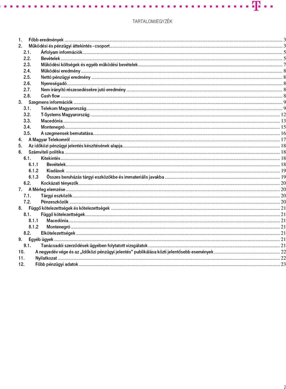 Telekom Magyarország... 9 3.2. T-Systems Magyarország... 12 3.3. Macedónia... 13 3.4. Montenegró... 15 3.5. A szegmensek bemutatása... 16 4. A Magyar Telekomról... 17 5.
