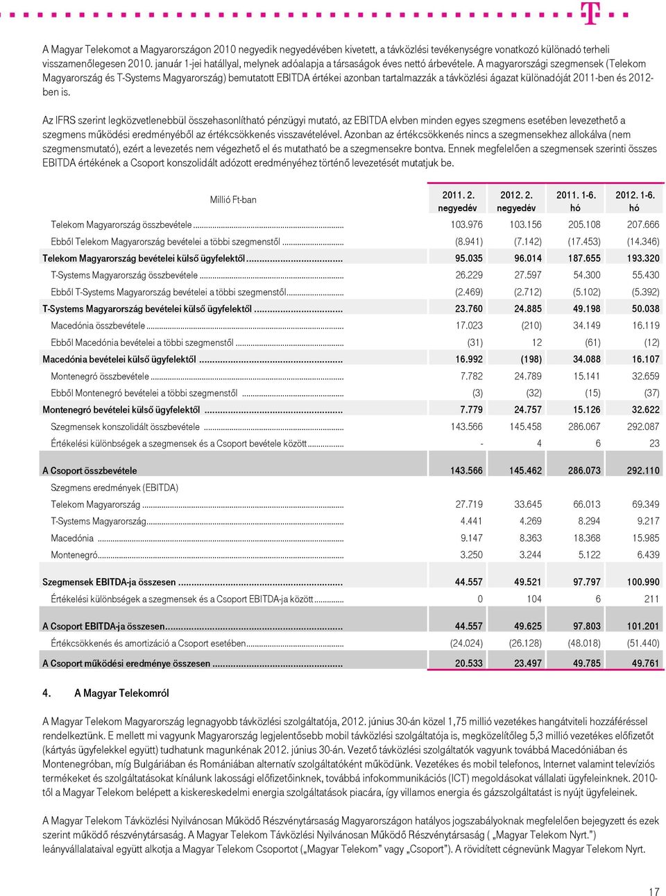 A magyarországi szegmensek (Telekom Magyarország és T-Systems Magyarország) bemutatott EBITDA értékei azonban tartalmazzák a távközlési ágazat különadóját 2011-ben és 2012- ben is.