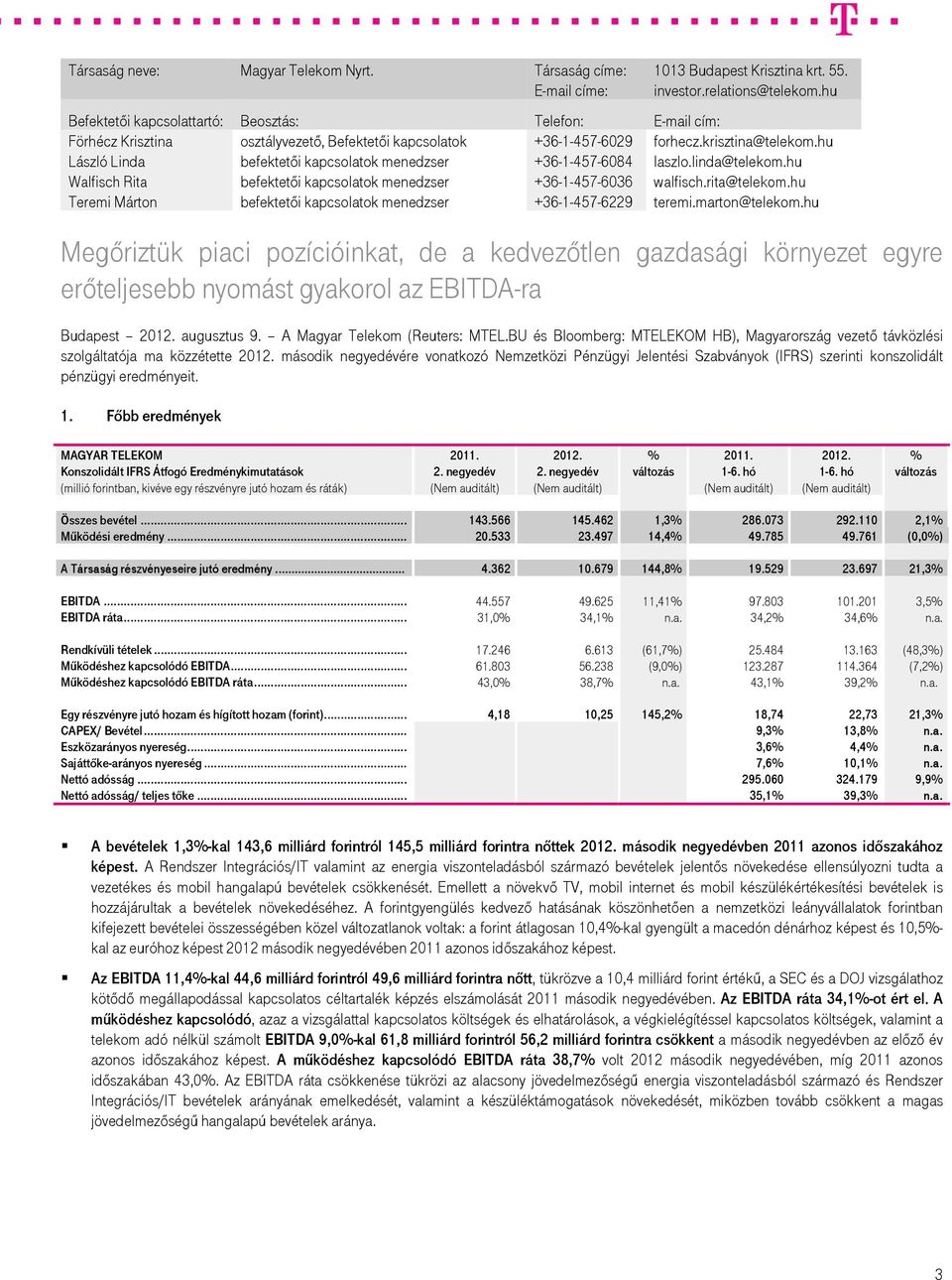 hu László Linda Walfisch Rita befektetői kapcsolatok menedzser befektetői kapcsolatok menedzser +36-1-457-6084 +36-1-457-6036 laszlo.linda@telekom.hu walfisch.rita@telekom.