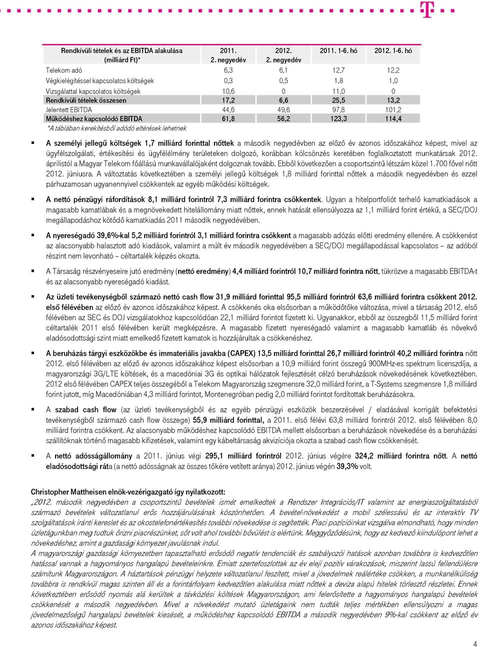 EBITDA 44,6 49,6 97,8 101,2 Működéshez kapcsolódó EBITDA 61,8 56,2 123,3 114,4 *A táblában kerekítésből adódó eltérések lehetnek A személyi jellegű költségek 1,7 milliárd forinttal nőttek a ben az