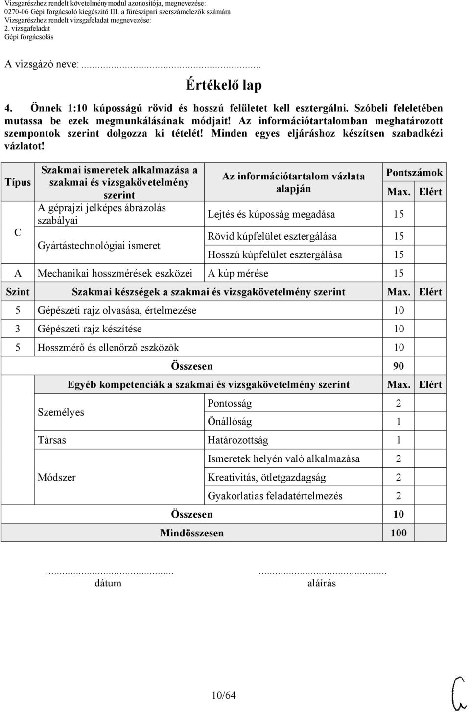 Típus C Szakmai ismeretek alkalmazása a szakmai és vizsgakövetelmény szerint A géprajzi jelképes ábrázolás szabályai Gyártástechnológiai ismeret alapján Lejtés és kúposság megadása Rövid kúpfelület