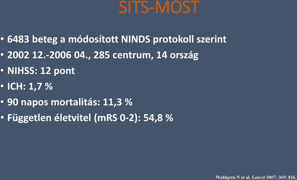 , 285 centrum, 14 ország NIHSS: 12 pont ICH: 1,7 % 90