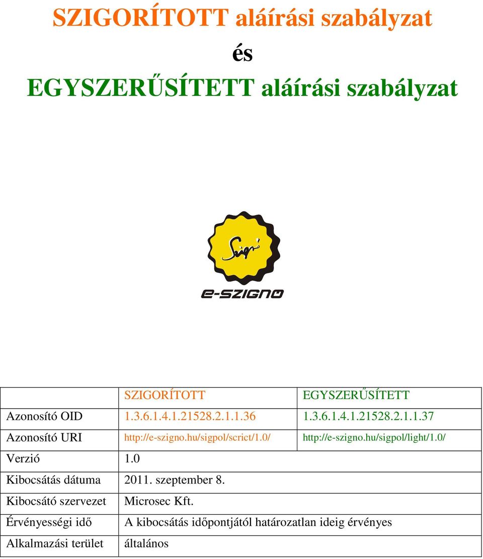 hu/sigpol/scrict/1.0/ http://e-szigno.hu/sigpol/light/1.0/ Verzió 1.0 Kibocsátás dátuma 2011.