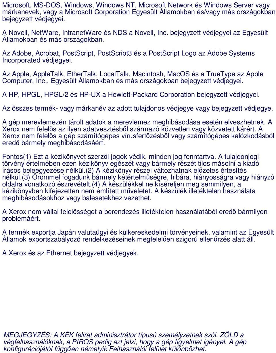 Az Adobe, Acrobat, PostScript, PostScript3 és a PostScript Logo az Adobe Systems Incorporated védjegyei.