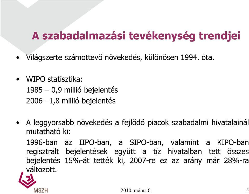 piacok szabadalmi hivatalainál mutatható ki: 1996-ban az IIPO-ban, a SIPO-ban, valamint a KIPO-ban