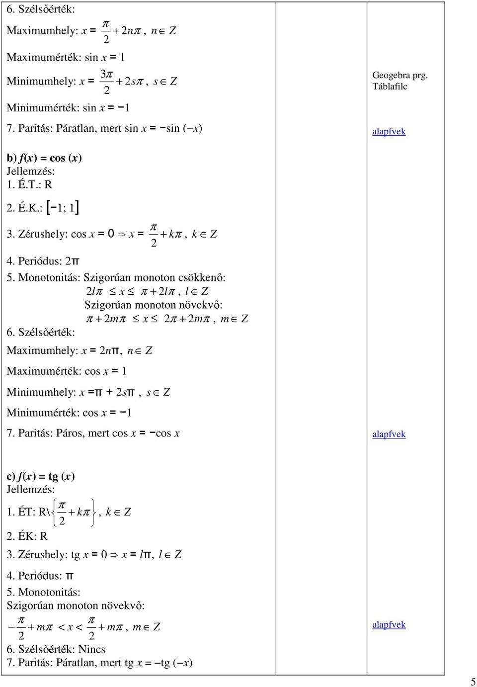 Szélsőérték: Maximumhely: x = n, Maximumérték: cos x = 1 n Z Minimumhely: x = + s, Minimumérték: cos x = 1 s Z 7. Paritás: Páros, mert cos x = cos x Geogebra prg.