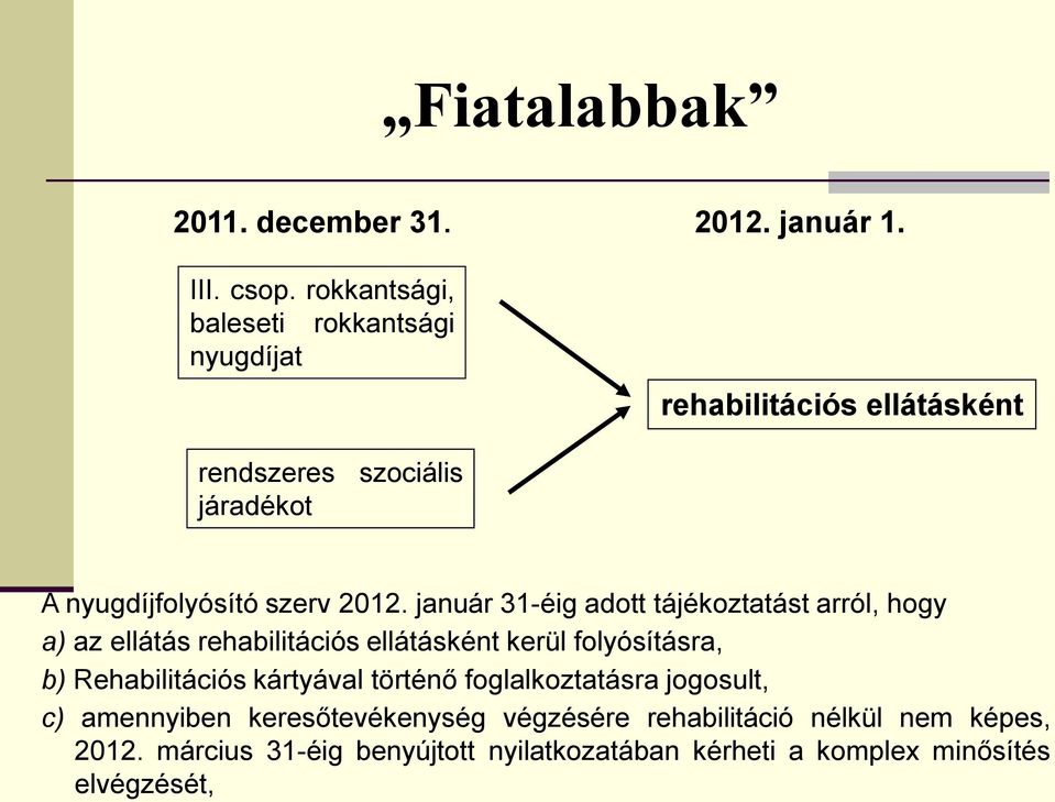 2012. január 31-éig adott tájékoztatást arról, hogy a) az ellátás rehabilitációs ellátásként kerül folyósításra, b) Rehabilitációs