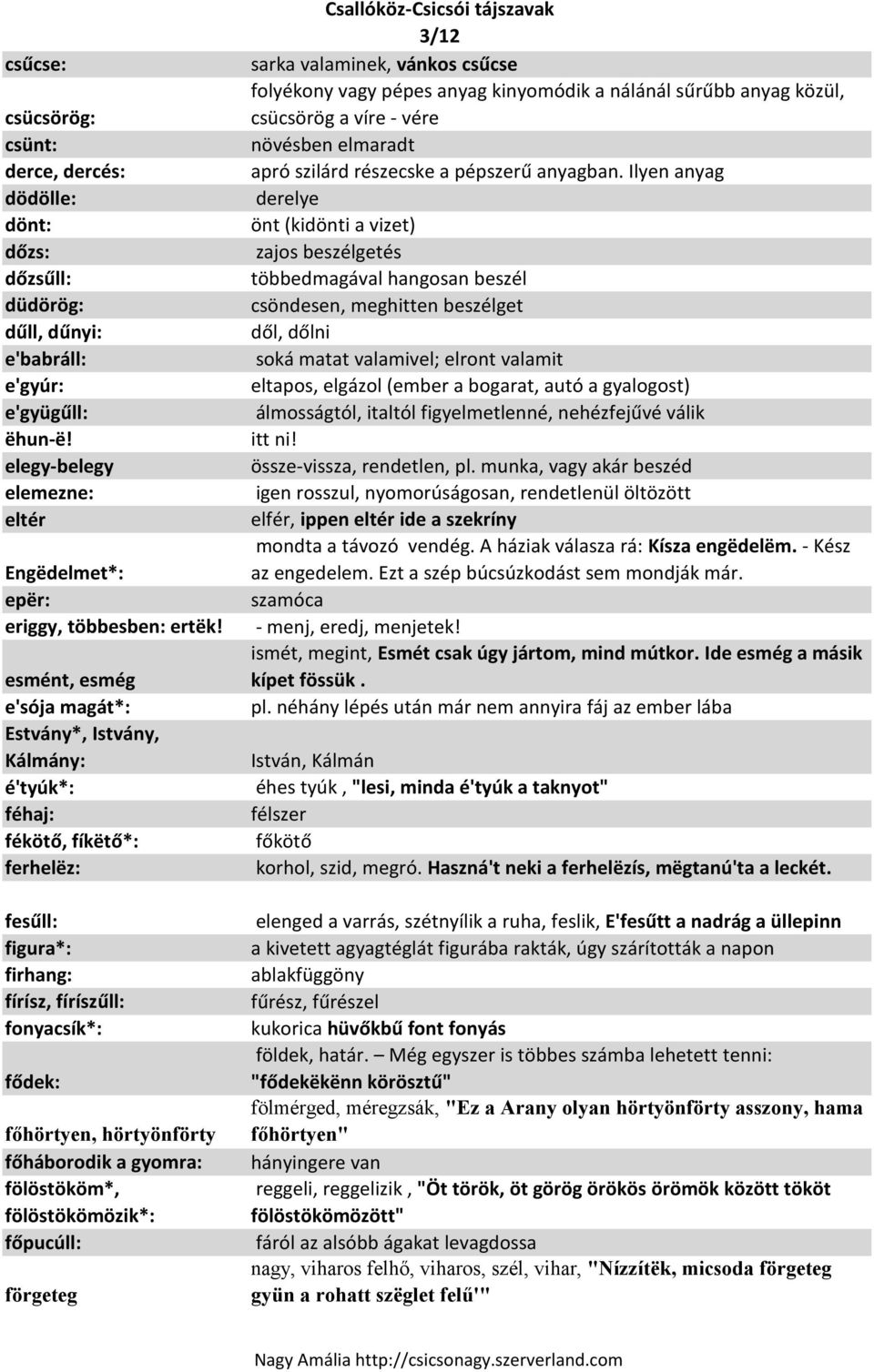 esmént, esmég e'sója magát*: Estvány*, Istvány, Kálmány: é'tyúk*: féhaj: fékötő, fíkëtő*: ferhelëz: fesűll: figura*: firhang: fírísz, fíríszűll: fonyacsík*: fődek: főhörtyen, hörtyönförty főháborodik