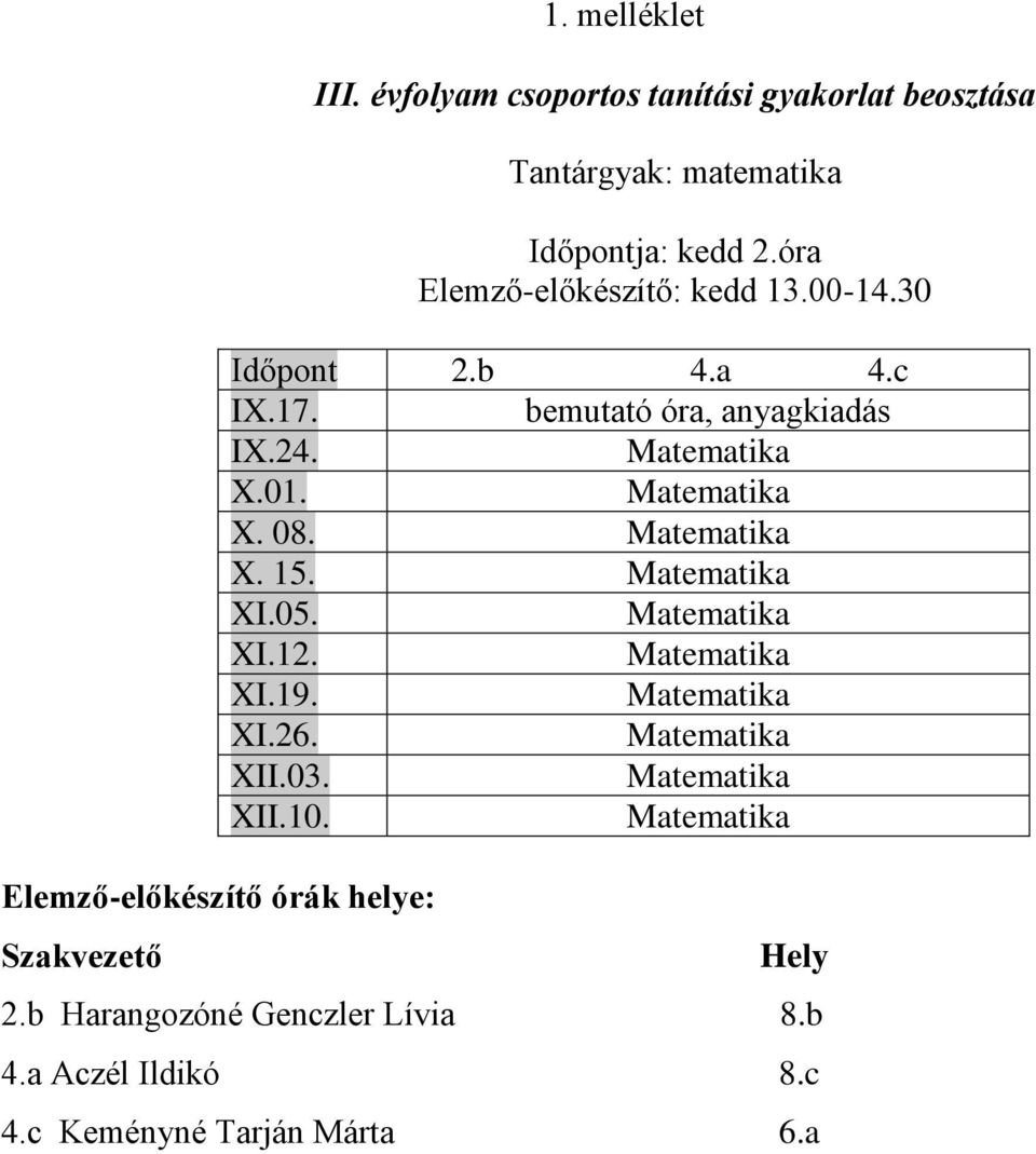 óra Elemző-előkészítő: kedd 13.00-14.30 Időpont 2.b 4.a 4.c IX.17. bemutató óra, anyagkiadás IX.24.