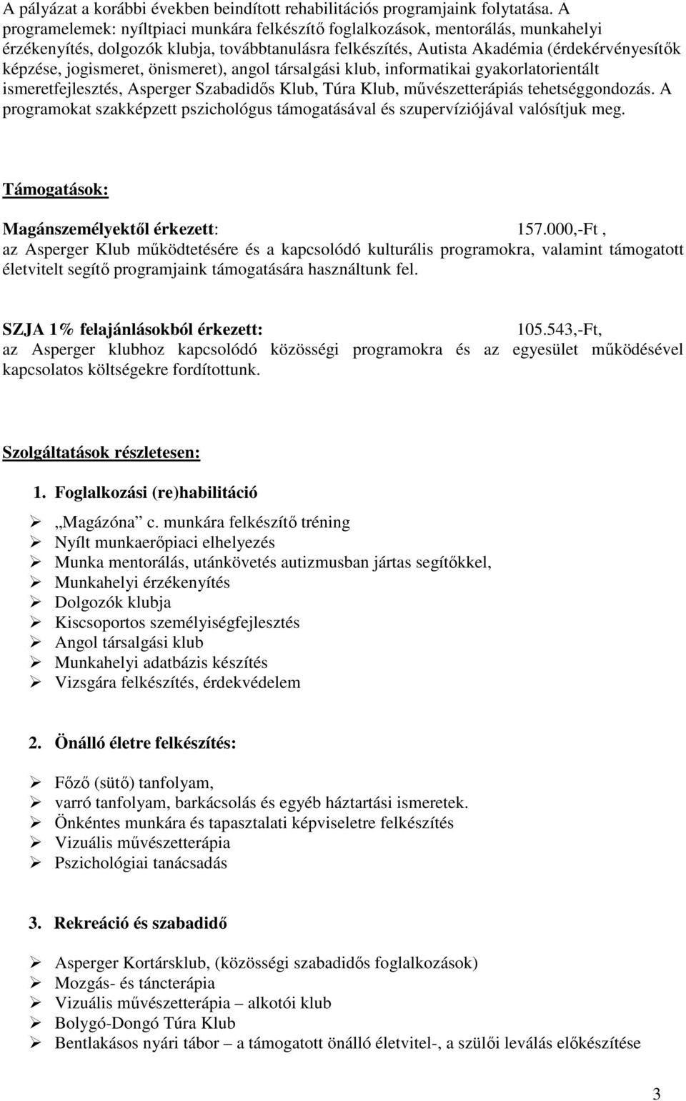 jogismeret, önismeret), angol társalgási klub, informatikai gyakorlatorientált ismeretfejlesztés, Asperger Szabadidős Klub, Túra Klub, művészetterápiás tehetséggondozás.