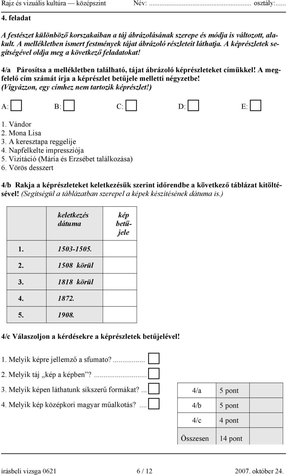 A megfelelő cím számát írja a képrészlet betűjele melletti négyzetbe! (Vigyázzon, egy címhez nem tartozik képrészlet!) A: B: C: D: E: 1. Vándor 2. Mona Lisa 3. A keresztapa reggelije 4.