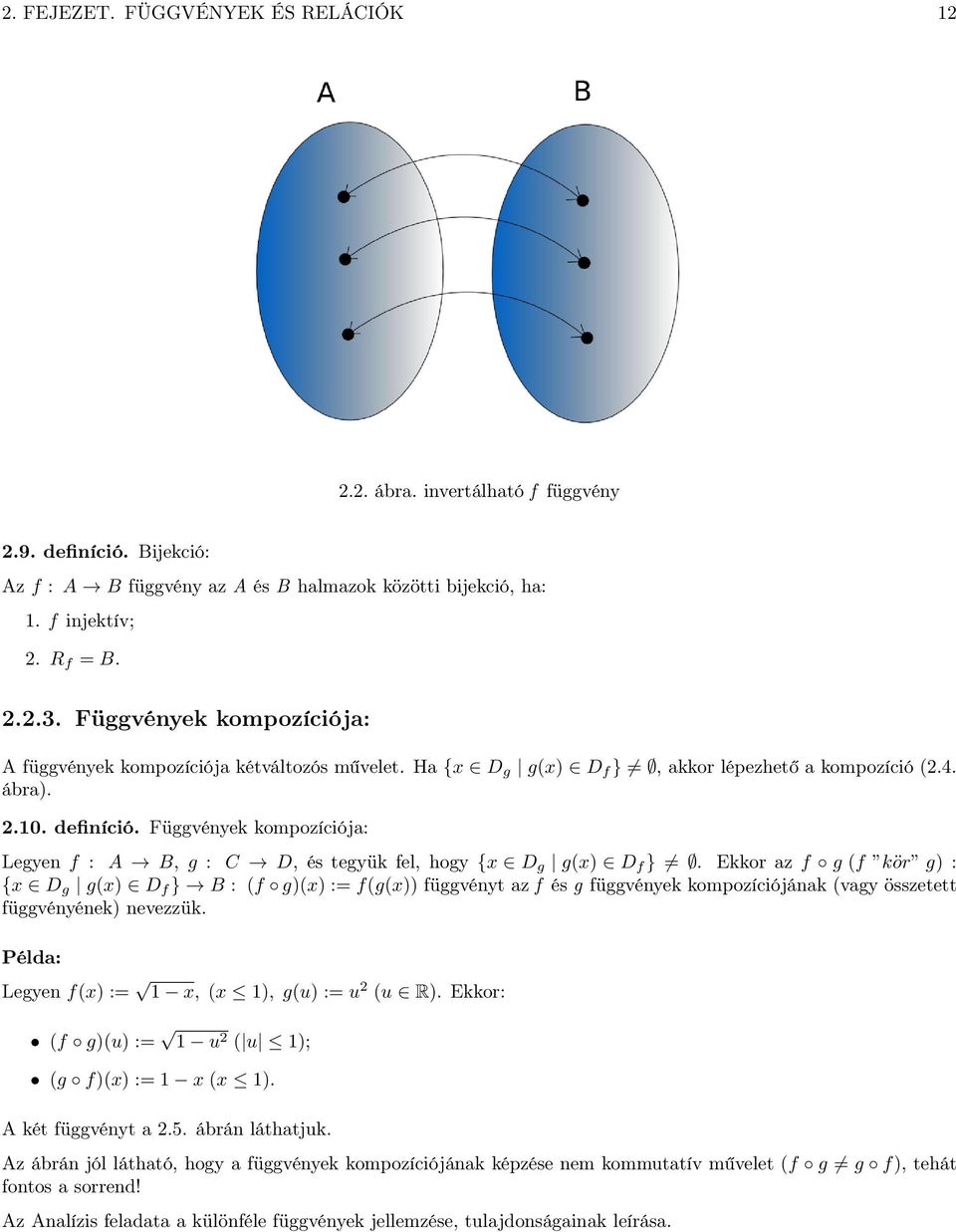 Függvéyek kompozíciój: Legye f : A B, g : C D, és tegyük fel, hogy {x D g g(x D f } =.