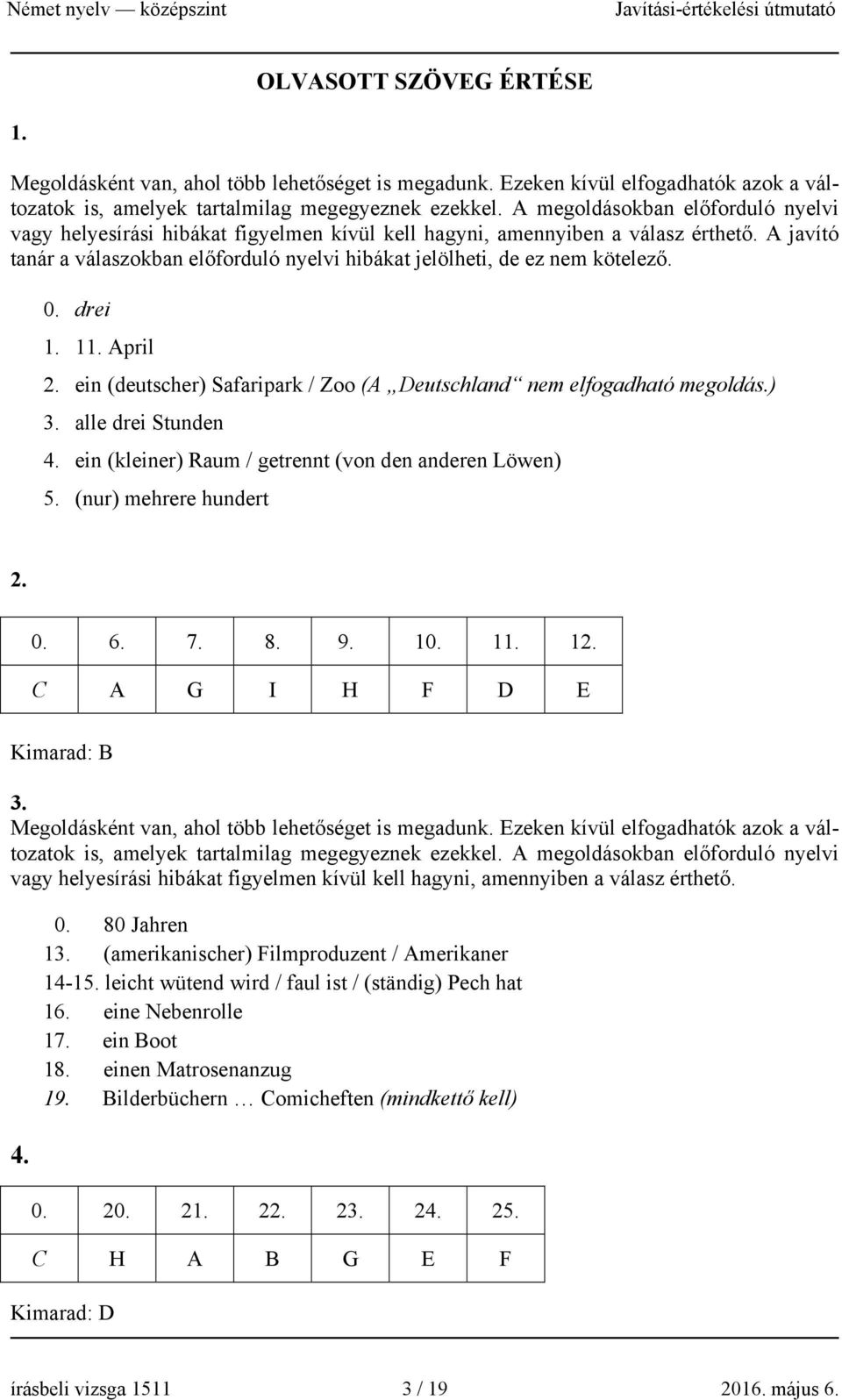 A javító tanár a válaszokban előforduló nyelvi hibákat jelölheti, de ez nem kötelező. 0. drei 1. 11. April 2. ein (deutscher) Safaripark / Zoo (A Deutschland nem elfogadható megoldás.) 3.