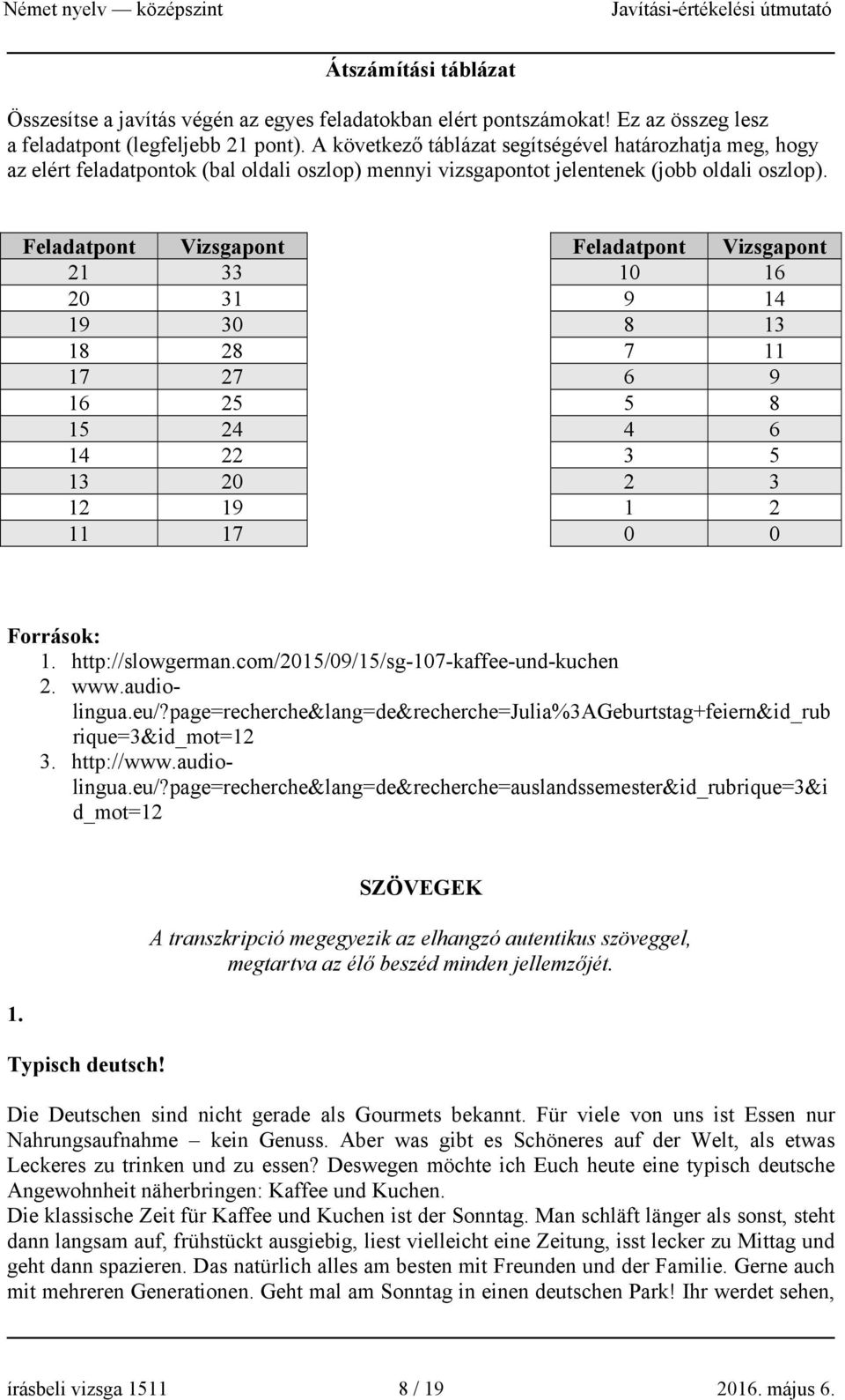 Feladatpont Vizsgapont Feladatpont Vizsgapont 21 33 10 16 20 31 9 14 19 30 8 13 18 28 7 11 17 27 6 9 16 25 5 8 15 24 4 6 14 22 3 5 13 20 2 3 12 19 1 2 11 17 0 0 Források: 1. http://slowgerman.