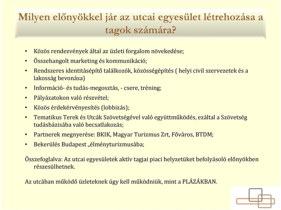 bevonása) Információ- és tudás-megosztás, - csere, tréning; Pályázatokon valórészvétel; Közös érdekérvényesítés (lobbizás); Tematikus Terek és Utcák Szövetségével valóegyüttműködés, ezáltal a