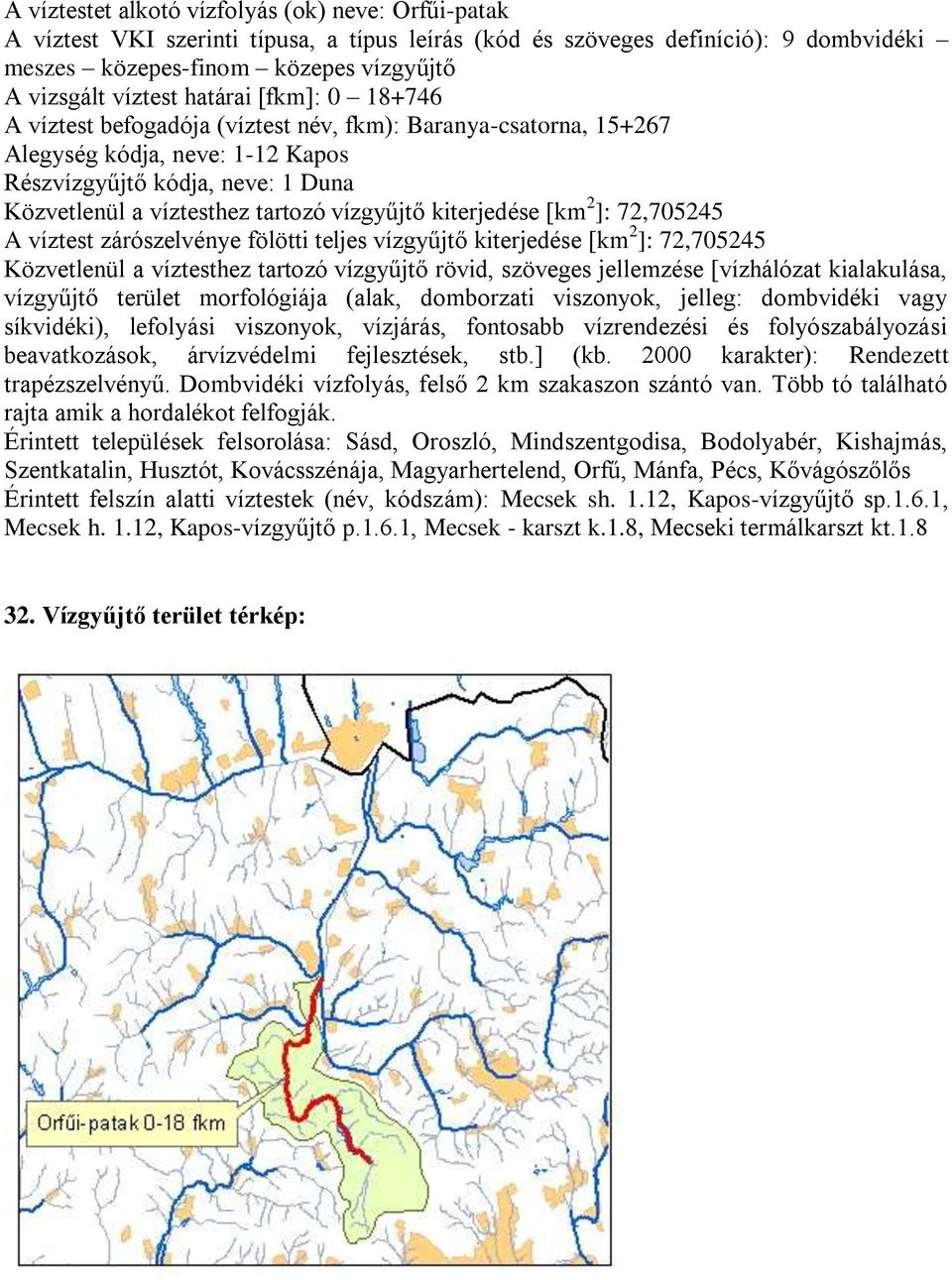 kiterjedése [km 2 ]: 72,705245 A víztest zárószelvénye fölötti teljes vízgyűjtő kiterjedése [km 2 ]: 72,705245 Közvetlenül a víztesthez tartozó vízgyűjtő rövid, szöveges jellemzése [vízhálózat