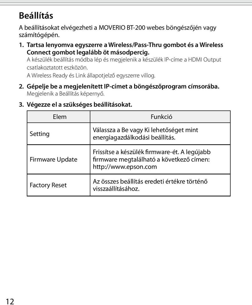 A készülék beállítás módba lép és megjelenik a készülék IP-címe a HDMI Output csatlakoztatott eszközön. A Wireless Ready és Link állapotjelző egyszerre villog. 2.