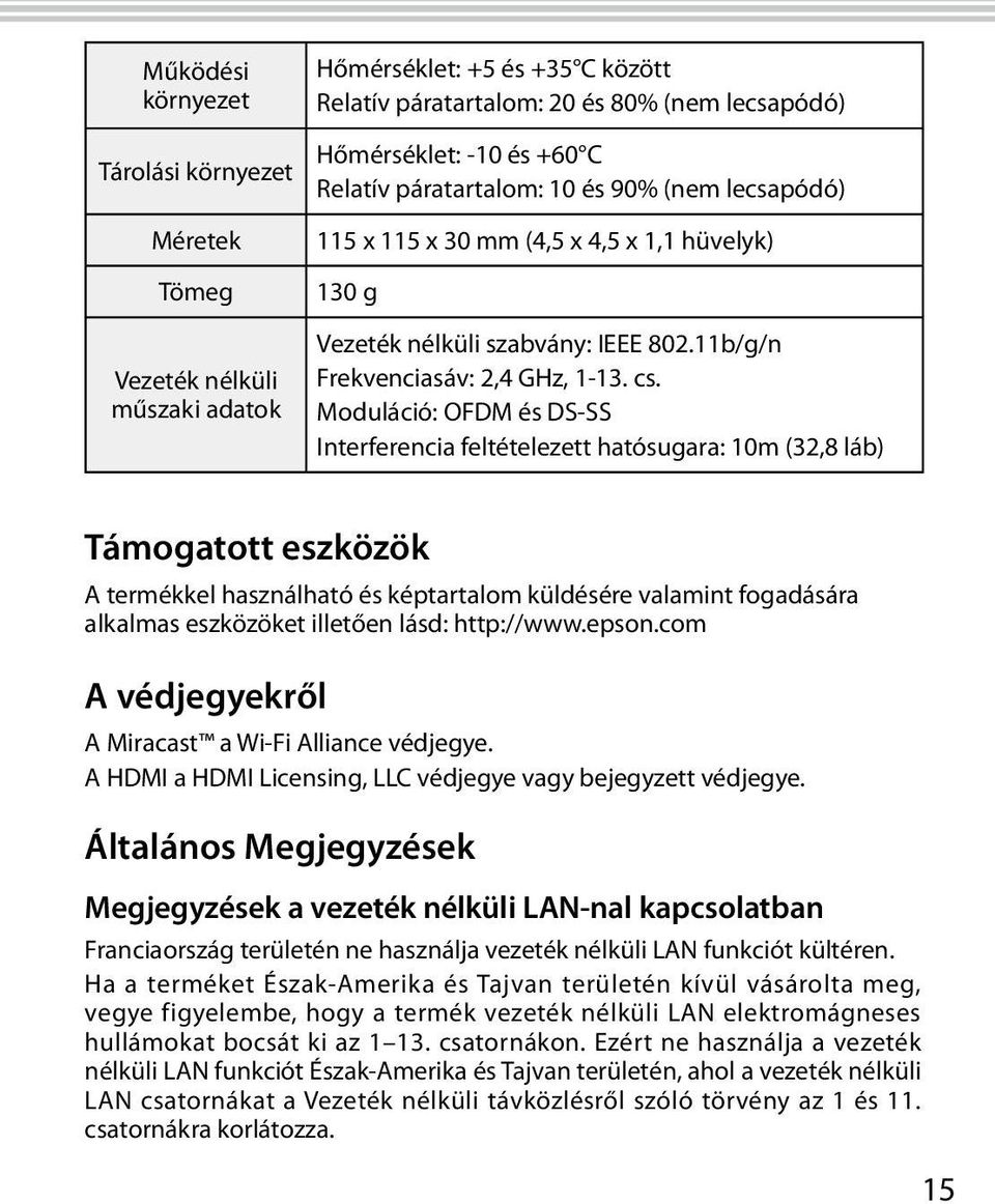 Moduláció: OFDM és DS-SS Interferencia feltételezett hatósugara: 10m (32,8 láb) Támogatott eszközök A termékkel használható és képtartalom küldésére valamint fogadására alkalmas eszközöket illetően