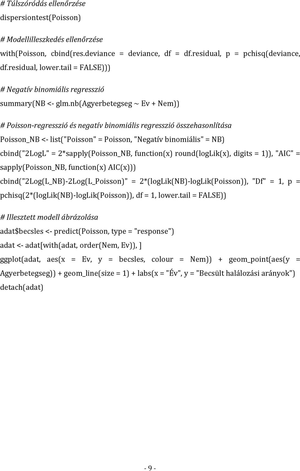 nb(agyerbetegseg ~ Ev + Nem)) # Poisson-regresszió és negatív binomiális regresszió összehasonlítása Poisson_NB <- list("poisson" = Poisson, "Negatív binomiális" = NB) cbind("2logl" =