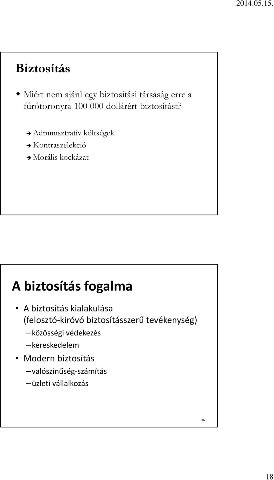 Adminisztratív költségek Kontraszelekció Morális kockázat A biztosítás fogalma A