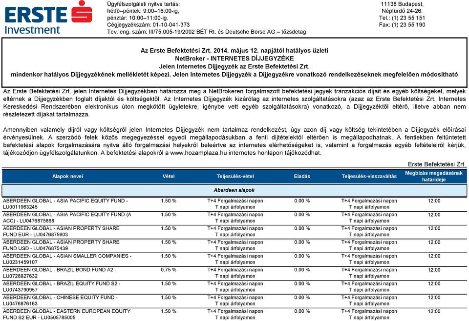 napjától hatályos üzleti NetBroker - INTERNETES DÍJJEGYZÉKE Jelen Internetes Díjjegyzék az Erste Befektetési Zrt. mindenkor hatályos Díjjegyzékének mellékletét képezi.