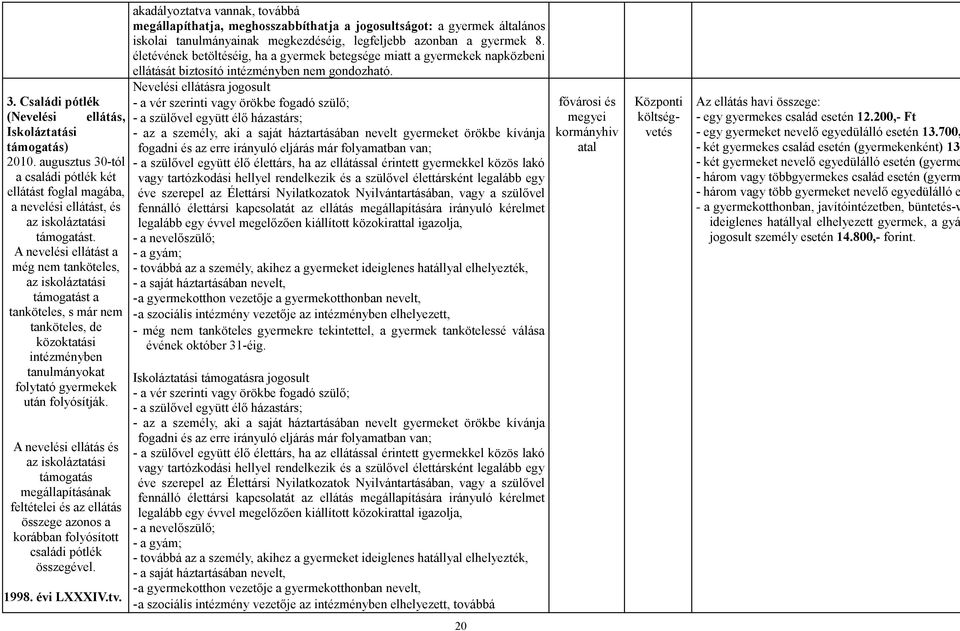 A nevelési ellátás és az iskoláztatási támogatás megállapításának feltételei és az ellátás összege azonos a korábban folyósított családi pótlék összegével. 1998. évi LXXXIV.tv.