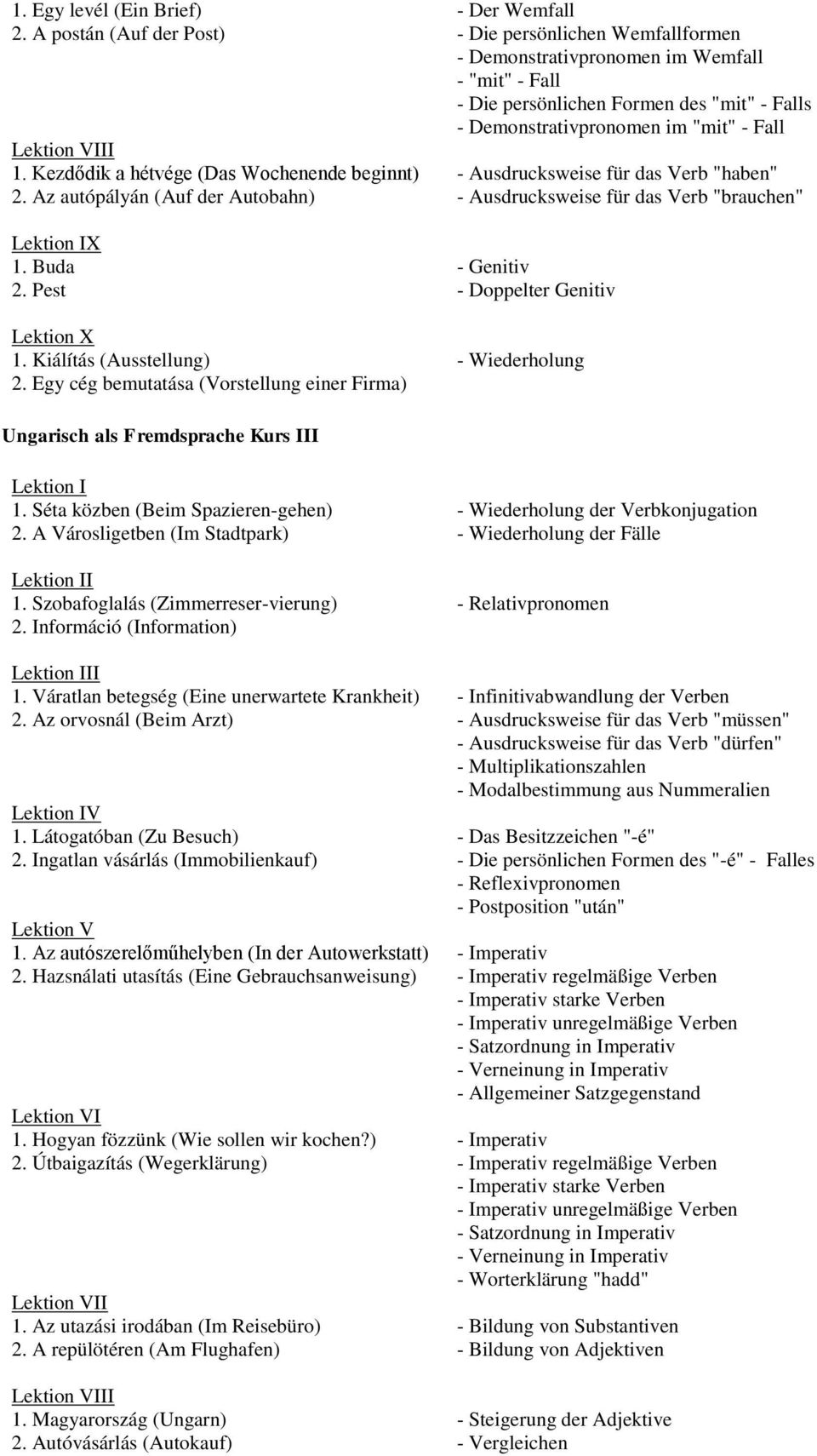 Demonstrativpronomen im "mit" - Fall - Ausdrucksweise für das Verb "haben" - Ausdrucksweise für das Verb "brauchen" - Genitiv - Doppelter Genitiv Ungarisch als Fremdsprache Kurs III 1.