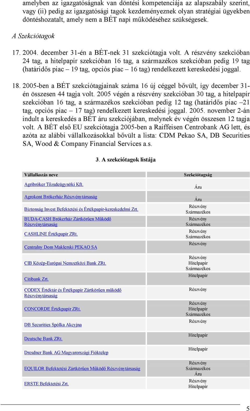 A részvény szekcióban 24 tag, a hitelpapír szekcióban 16 tag, a származékos szekcióban pedig 19 tag (határidıs piac 19 tag, opciós piac 16 tag) rendelkezett kereskedési joggal. 18.