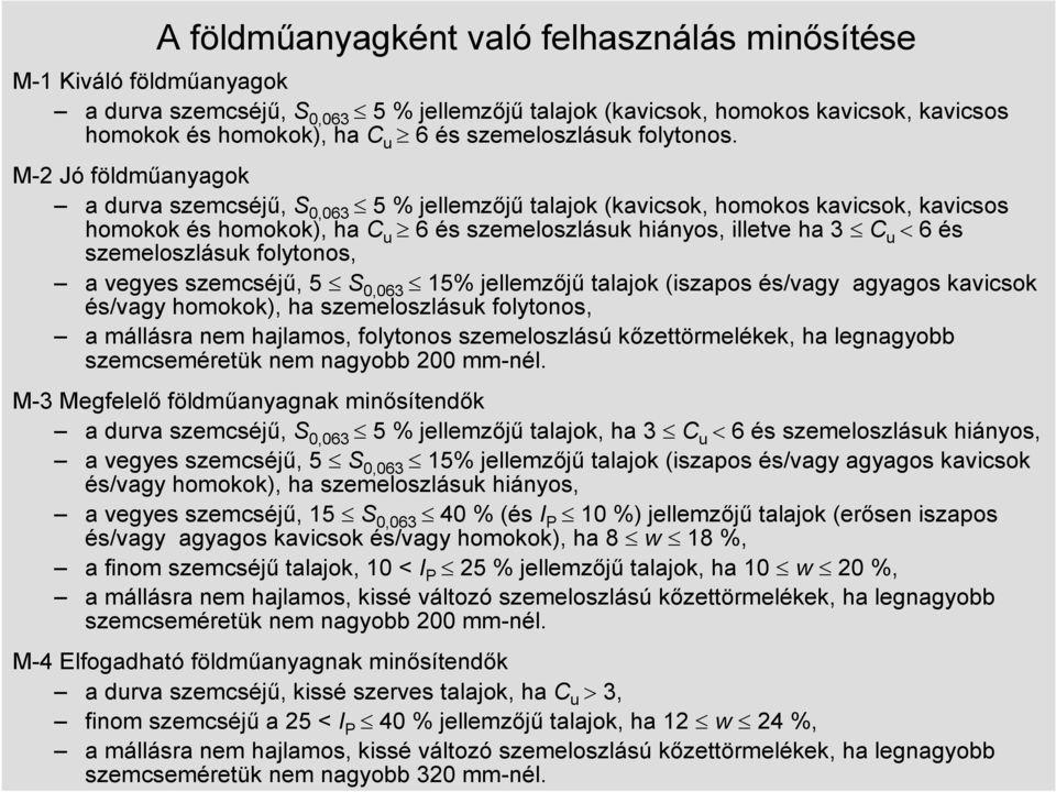 M-2 Jó földmőanyagok a durva szemcséjő, S 0,063 5 % jellemzıjő talajok (kavicsok, homokos kavicsok, kavicsos homokok és homokok), ha C u 6 és szemeloszlásuk hiányos, illetve ha 3 C u < 6 és