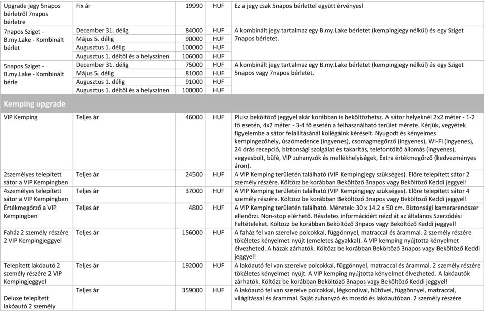 déltől és a helyszínen 106000 HUF December 31. délig 75000 HUF A kombinált jegy tartalmaz egy B.my.Lake bérletet (kempingjegy nélkül) és egy Sziget Május 5.