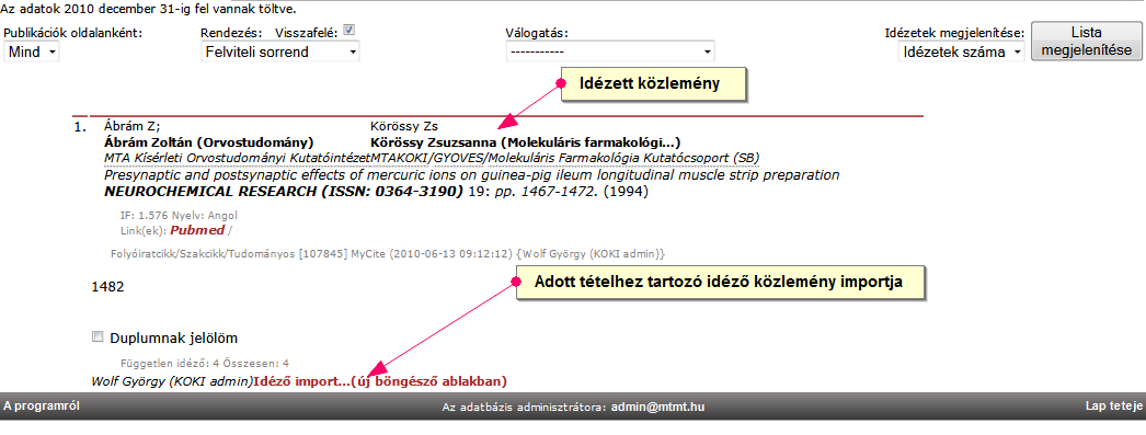 Idéző közlemény importja: Szerzőként, az adatbevivő, szerkesztő oldalon a Idézők bevitele menüsor 8.