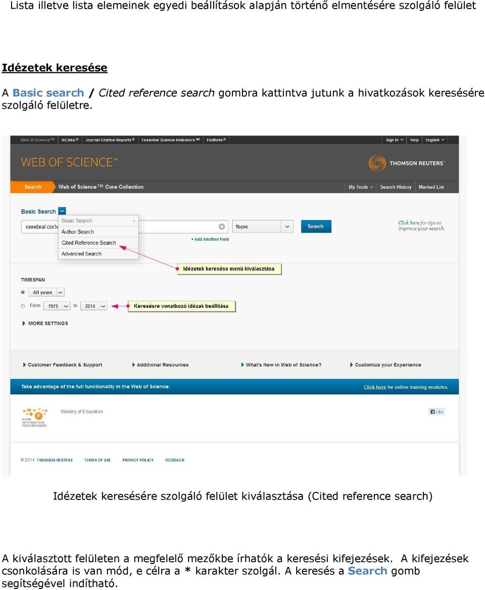 Idézetek keresésére szolgáló felület kiválasztása (Cited reference search) A kiválasztott felületen a megfelelő mezőkbe